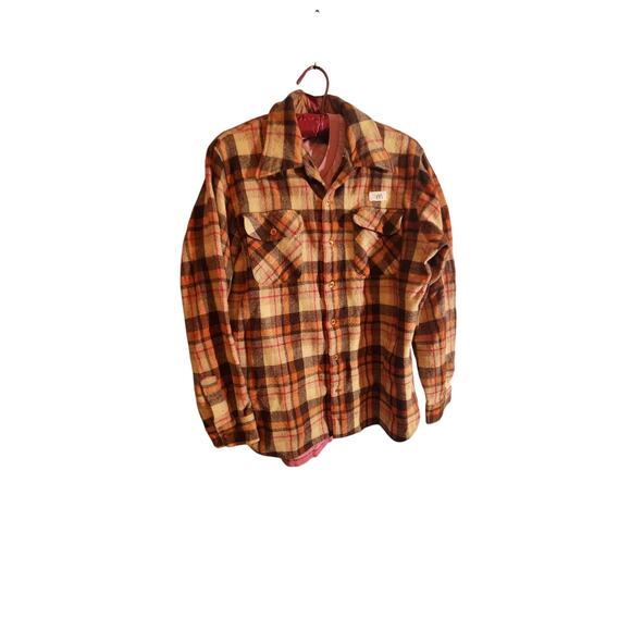 Vintage 70s Sears Kings Road Wool Flannel Brown Plaid Mens Large - Picture 1 of 5